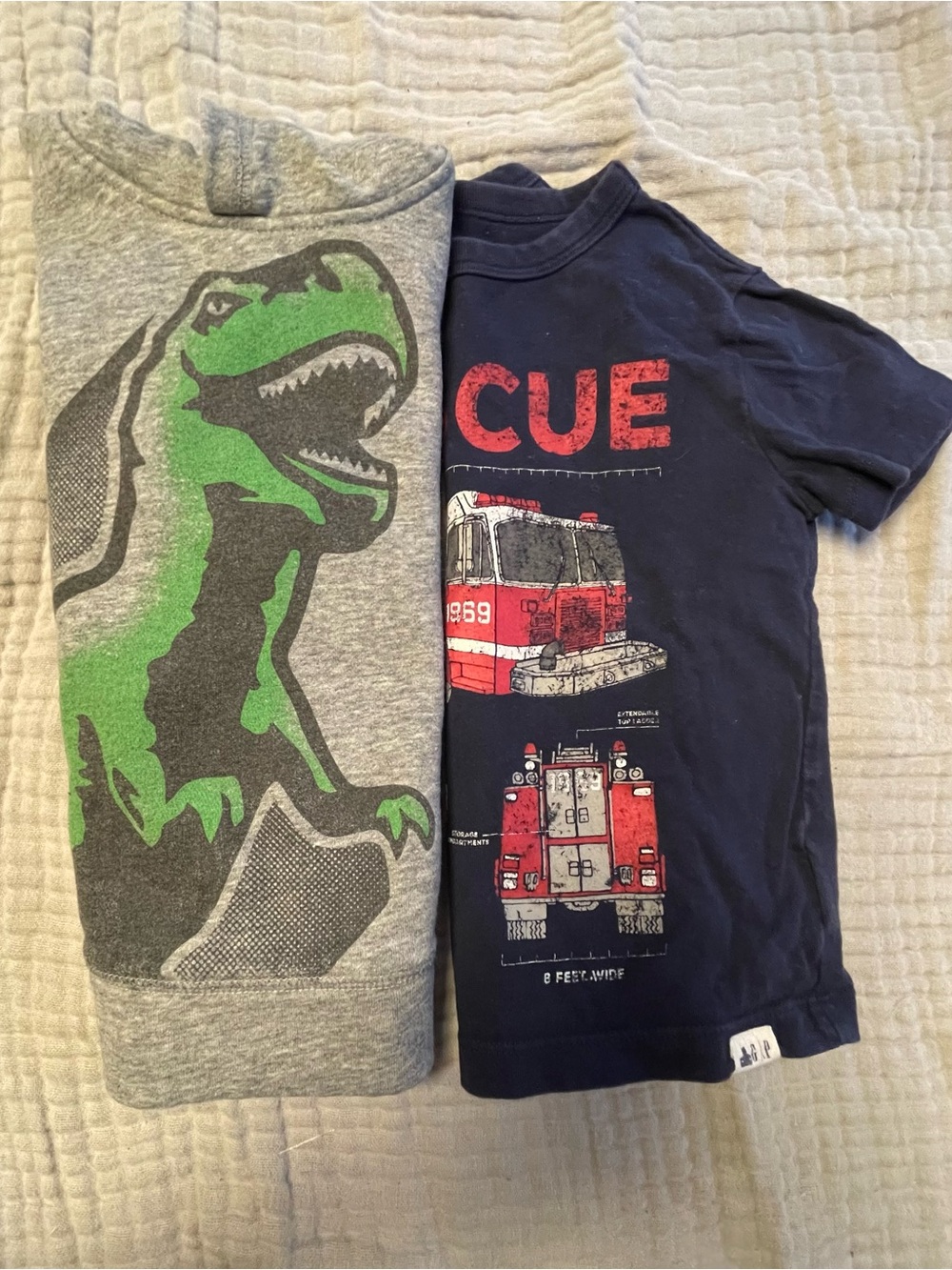 Kids T-Shirt and Hoodie Set with Green Dinosaur and Red Fire Truck Graphics